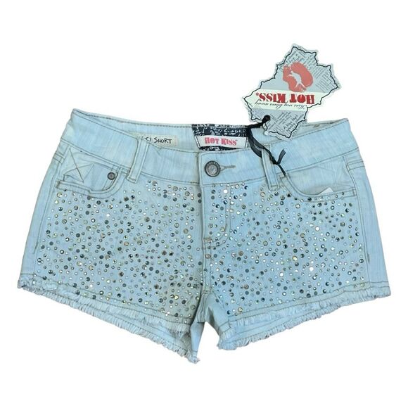 Hot Kiss Rhinestone Studded Jean Shorts Blue Light Wash Denim Distressed Jr 1 - Picture 1 of 10